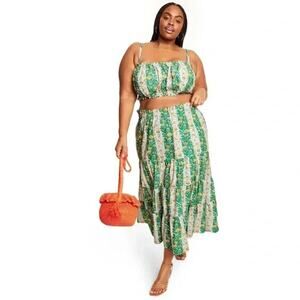 Rhode Target Skirt Large Cotton Ruffle Tier Midi Whimsical Floral Stripe Green